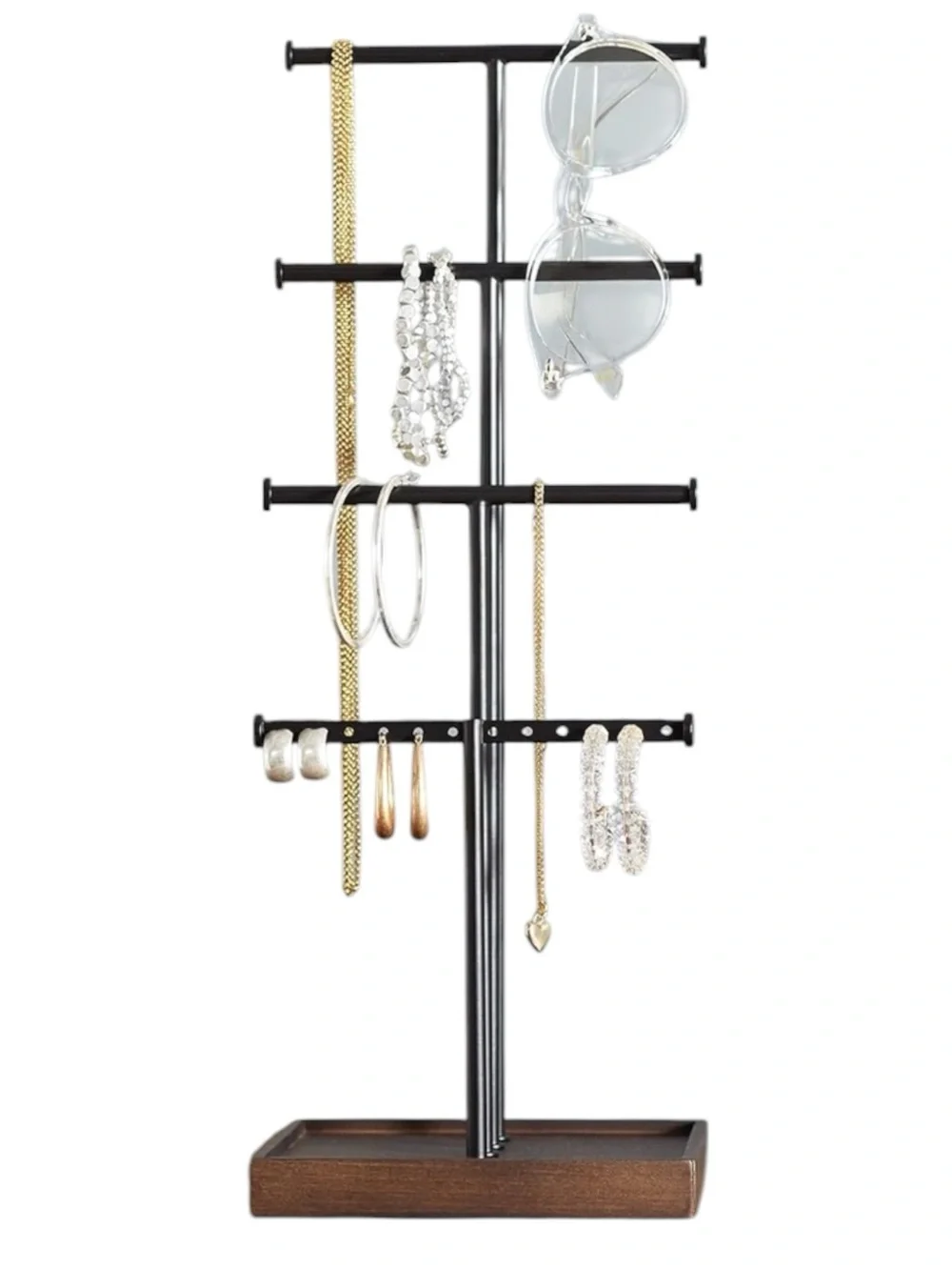 🪷 Metal Jewelry Stand with Solid Wood Base -Tiered Organizer
